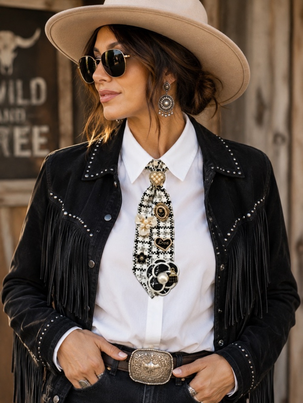 Embellished Statement Clip-On/Pin Tweed Tie - Picture 2 of 12